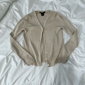 100% Silk Cream Ribbed V-Neck Button Cardigan